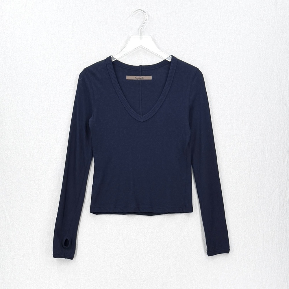 ENZA COSTA Cashmere New Classic V Neck Top Women Small Navy Long Sleeve Jersey - Picture 2 of 13
